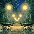 Winter park in the evening covered with snow with a row of lamps