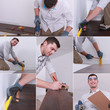 Mosaic of man laying laminate flooring