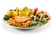 Pork chops, boiled potatoes and vegetable salad