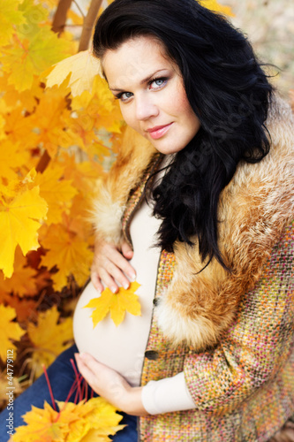Photo: Portrait of beautiful pregnant woman walking in autumn park Portrait of beautiful pregnant woman walking in autumn park