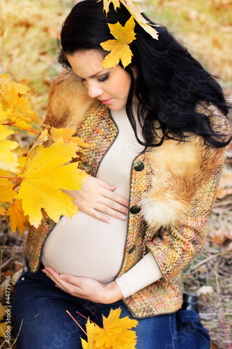 Photo: Portrait of beautiful pregnant woman walking in autumn park Portrait of beautiful pregnant woman walking in autumn park