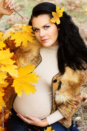 Photo: Portrait of beautiful pregnant woman walking in autumn park Portrait of beautiful pregnant woman walking in autumn park