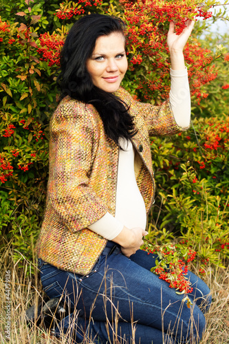 Photo: Portrait of beautiful pregnant woman walking in autumn park Portrait of beautiful pregnant woman walking in autumn park