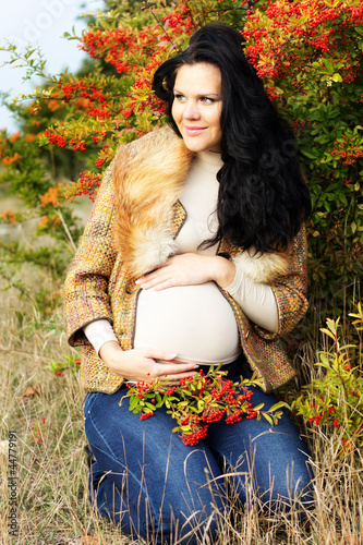Photo: Portrait of beautiful pregnant woman walking in autumn park Portrait of beautiful pregnant woman walking in autumn park