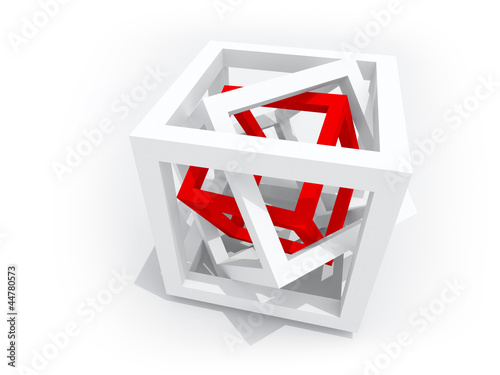 Illustration: One red wire-frame cube inside of two white One red wire-frame cube inside of two white