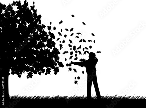 Vector: Child playing in the park with leaves falling from tree Child playing in the park with leaves falling from tree