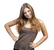 Young Woman with long curly hair on a white background