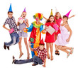Birthday party group of teen with clown.