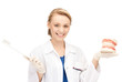 attractive female doctor with toothbrush and jaws