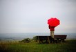 Lonesome man with red umbrella at a rainy day