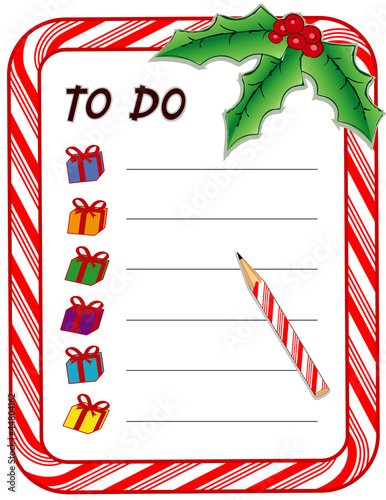 Vector: Christmas Gift To Do List, candy cane frame, pencil, gifts Christmas Gift To Do List, candy cane frame, pencil, gifts