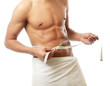 A nude young man covering himself