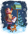 A little girl and her puppy posting a letter to Santa