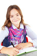 Photo: girl writing homework isolated over white girl writing homework isolated over white