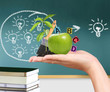 hand with green apple and educational ideas
