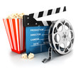3d cinema clapper, film reel and popcorn