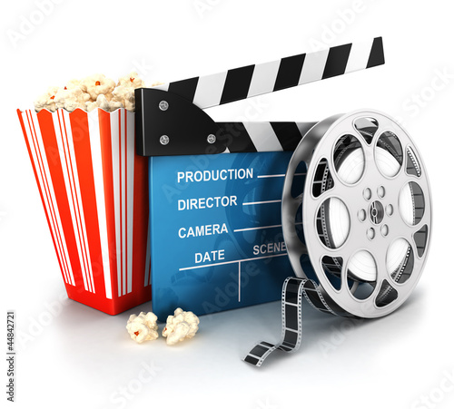 Illustration: 3d cinema clapper, film reel and popcorn 3d cinema clapper, film reel and popcorn