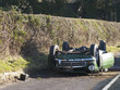 Upside-down car along country lane