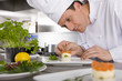 Chef garnishing gourmet food in commercial kitchen