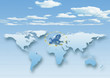 map, world, europe centered, blue, European Union, EU stars, clouds, sky