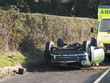 Wrecked car upside-down on roadside