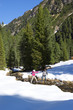 Couple with ski poles crossing stream in snow woods