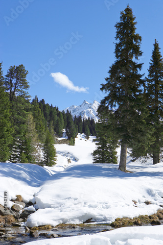 Photo: View of snow covered mountains and woods View of snow covered mountains and woods