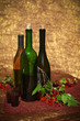 Still life with wine bottles and redcurrant berries
