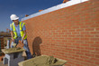 Bricklayer applying mortar to brick with trowel in front of wall