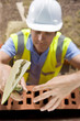 Bricklayer setting bricks on wall with trowel