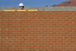 Foto: Bricklayer holding level tool on brick wall Bricklayer holding level tool on brick wall