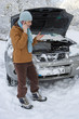 Photo: Woman standing in snow checking underneath carճ hood and talking on cell phone Woman standing in snow checking underneath carճ hood and talking on cell phone