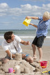 Father and son making sandcastle on sunny beach