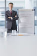 Portrait of confident businessman in suit standing at flipchart in conference room