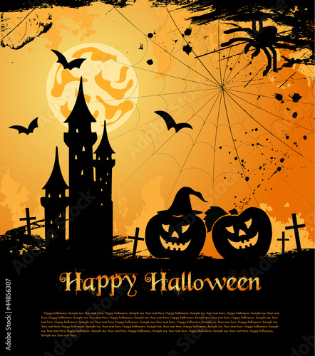 Vector: Halloween card with castle, bats and pumpkin. Vector Halloween card with castle, bats and pumpkin. Vector