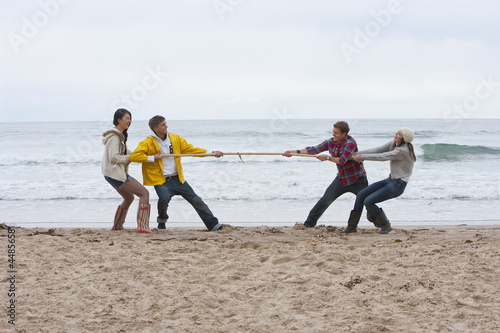 Photo: Young couples playing tug-of-war on beach Young couples playing tug-of-war on beach