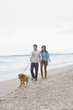 Young couple walking dog on beach