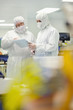 Photo: Scientists in clean suits discussing paperwork in silicon wafer manufacturing laboratory Scientists in clean suits discussing paperwork in silicon wafer manufacturing laboratory