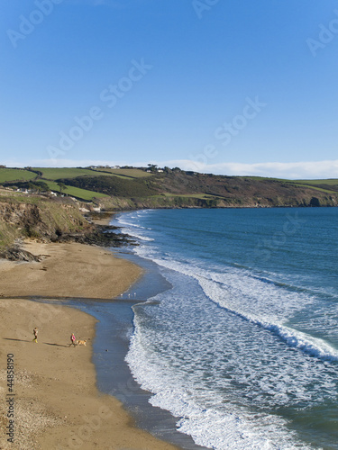 Photo: People and dog enjoying beach and ocean at Gerrans Bay, Cornwall, United Kingdom People and dog enjoying beach and ocean at Gerrans Bay, Cornwall, United Kingdom
