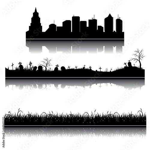 Vector: Set of vector city, grass and graveyard silhouettes Set of vector city, grass and graveyard silhouettes