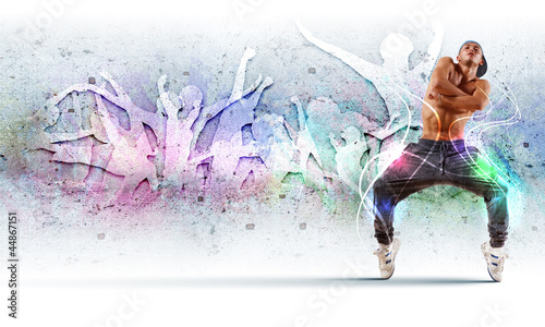 Photo: young man dancing hip hop with color lines young man dancing hip hop with color lines