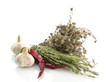 dried herbs in mortar and vegetables, isolatrd on white