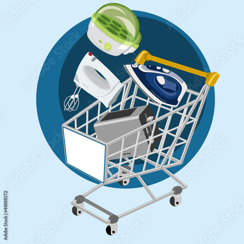Vector: Carrito de la compra con pequeños electrodomésticos Carrito de la compra con pequeños electrodomésticos