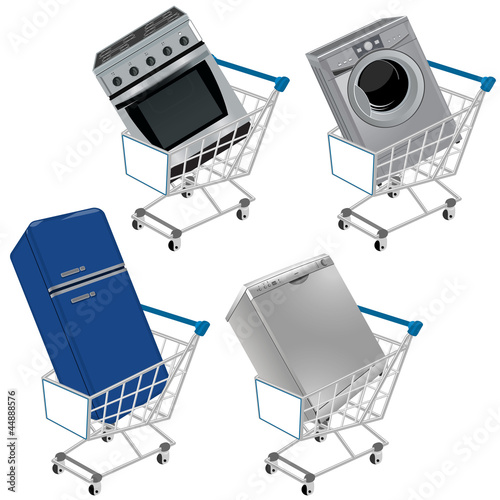 Vector: Carrito de la compra con electrodomésticos Carrito de la compra con electrodomésticos
