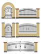 Gate and fences with brick columns and metal lattice.