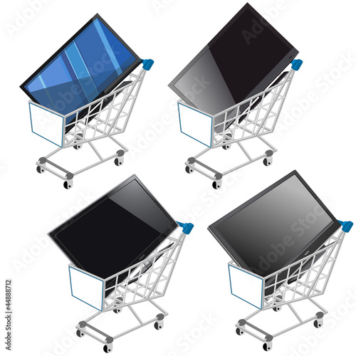 Vector: Carrito de la compra con televisión pantalla plana Carrito de la compra con televisión pantalla plana