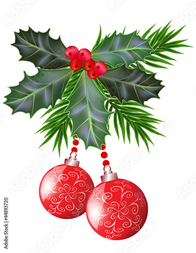 Vector: Christmas and New Year card with holly leaves and berries Christmas and New Year card with holly leaves and berries