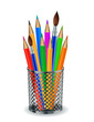 Colorful pencils and Brushes in the holder.