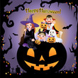 Girls, boy, dog in halloween costume on the jack-o-lantern