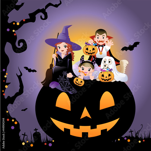 Vector: Girls, boy and dog in halloween costume on the jack-o-lantern Girls, boy and dog in halloween costume on the jack-o-lantern